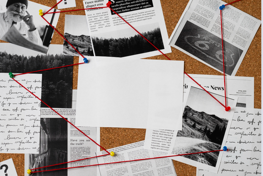 private detective board of clues and red thread