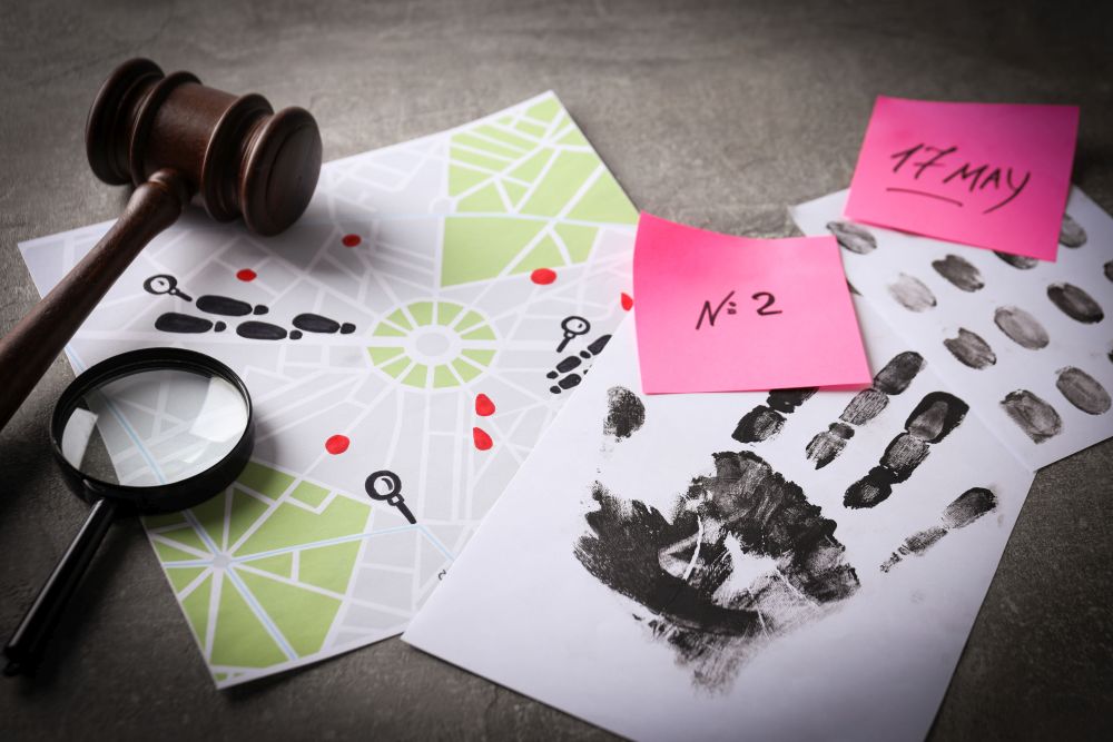 A judge's hammer, magnifying glass, and documents with maps, notes, and fingerprints on a table, suggesting a commercial crime investigation scene.